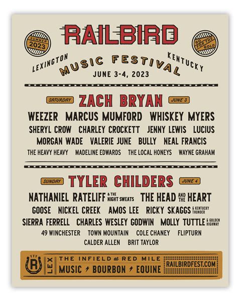 Rail bird festival - Railbird Music Festival. When: June 3 and June 4. Where: Red Mile, 1200 Red Mile Rd. Tickets: Sold out but you can join the waitlist or purchase “verified” resale tickets through Ticketmaster ...
